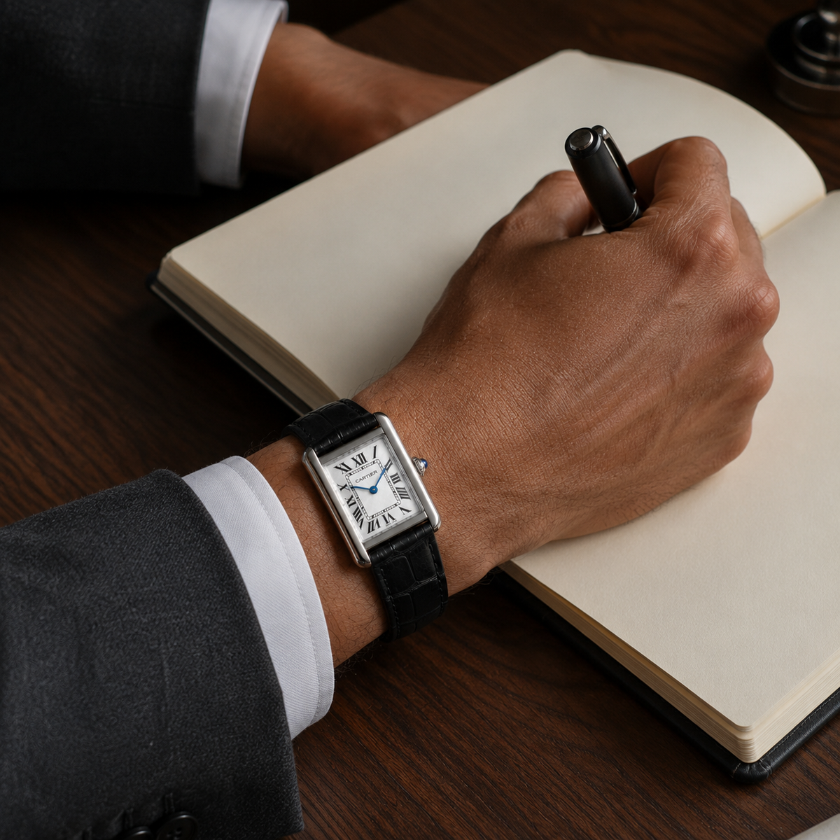Montre AZAL Atlas noire portée à un bureau