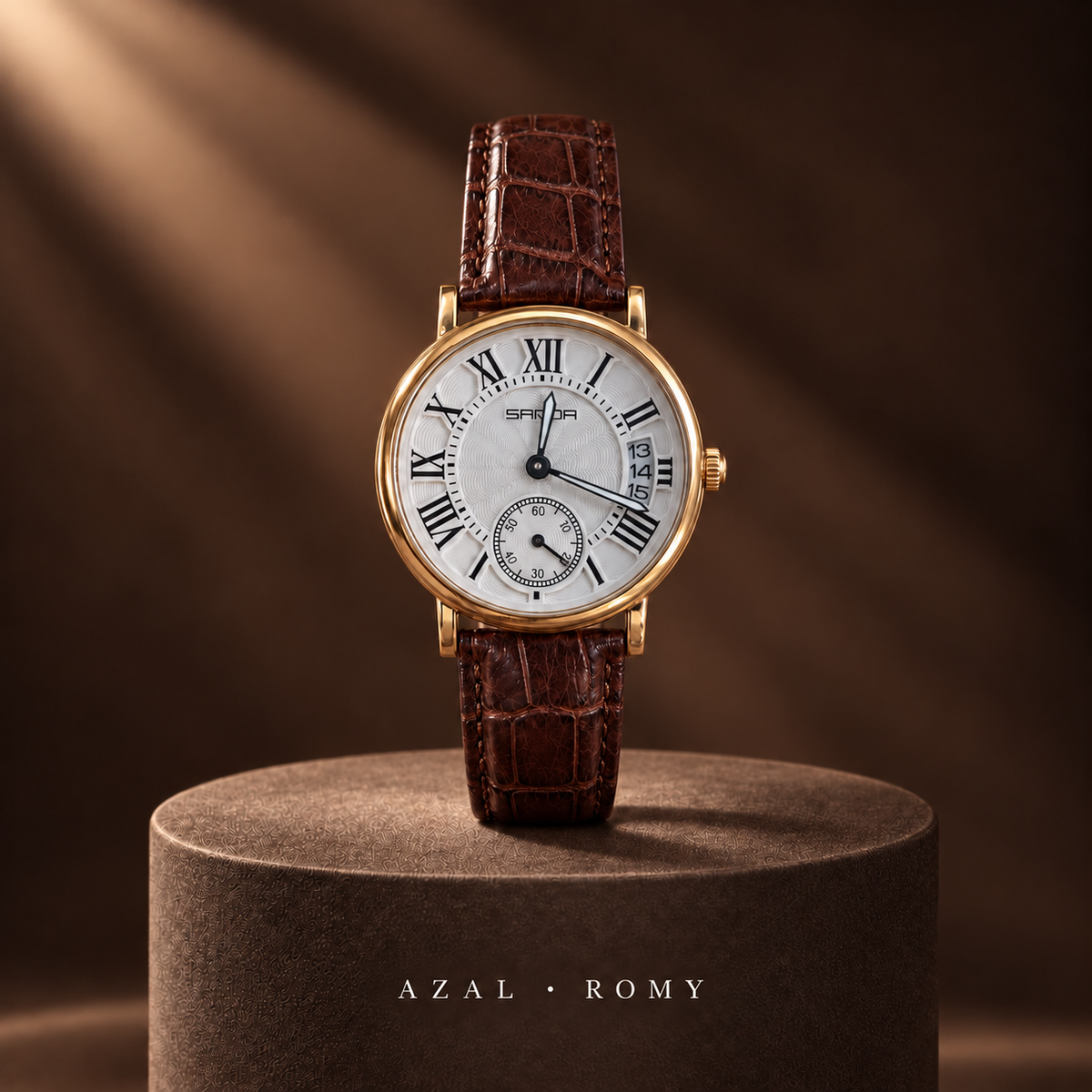 ROMY — boîtier doré et bracelet marron